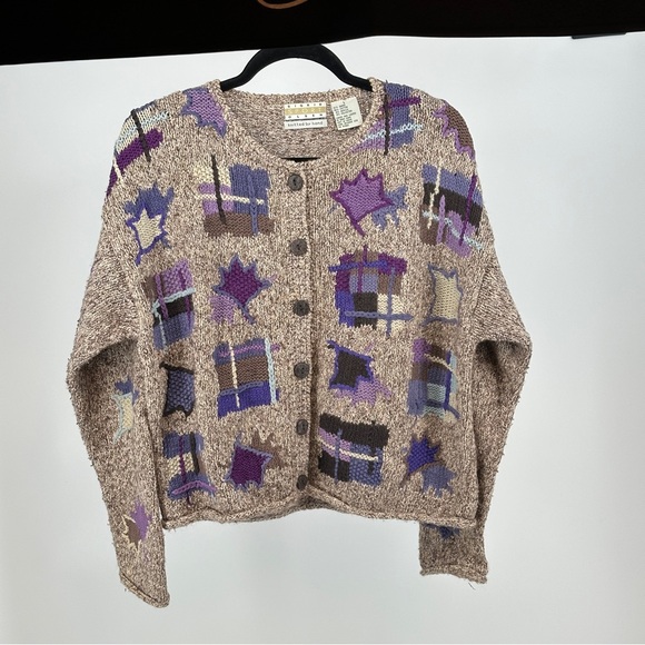 Sigrid Olsen Sweaters - Women's Large Tan Purple Lilac Patterned Sweater Vintage Cardigan Cozy